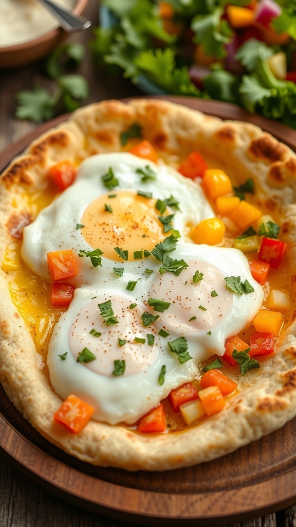 Pita Bread Omelette Recipe Pita bread omelette filled with eggs and vegetables, garnished with herbs on a rustic table.